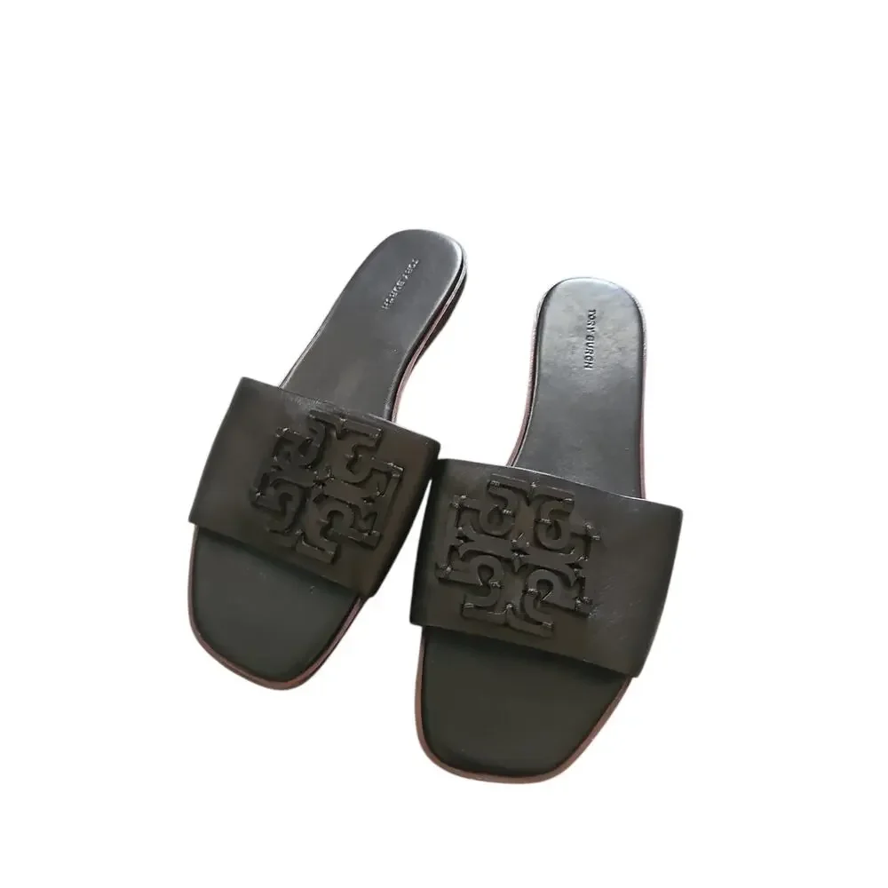 Tory Burch Women's Black Leather Medallion Ines Slides Flats Shoes sz 10 new